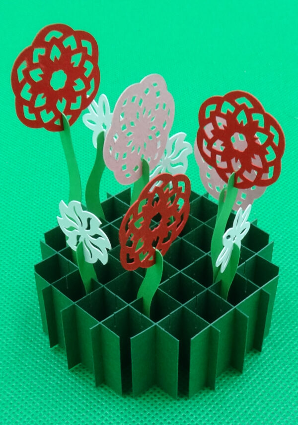 Blomsterhave med røde, lyserøde og hvide blomster